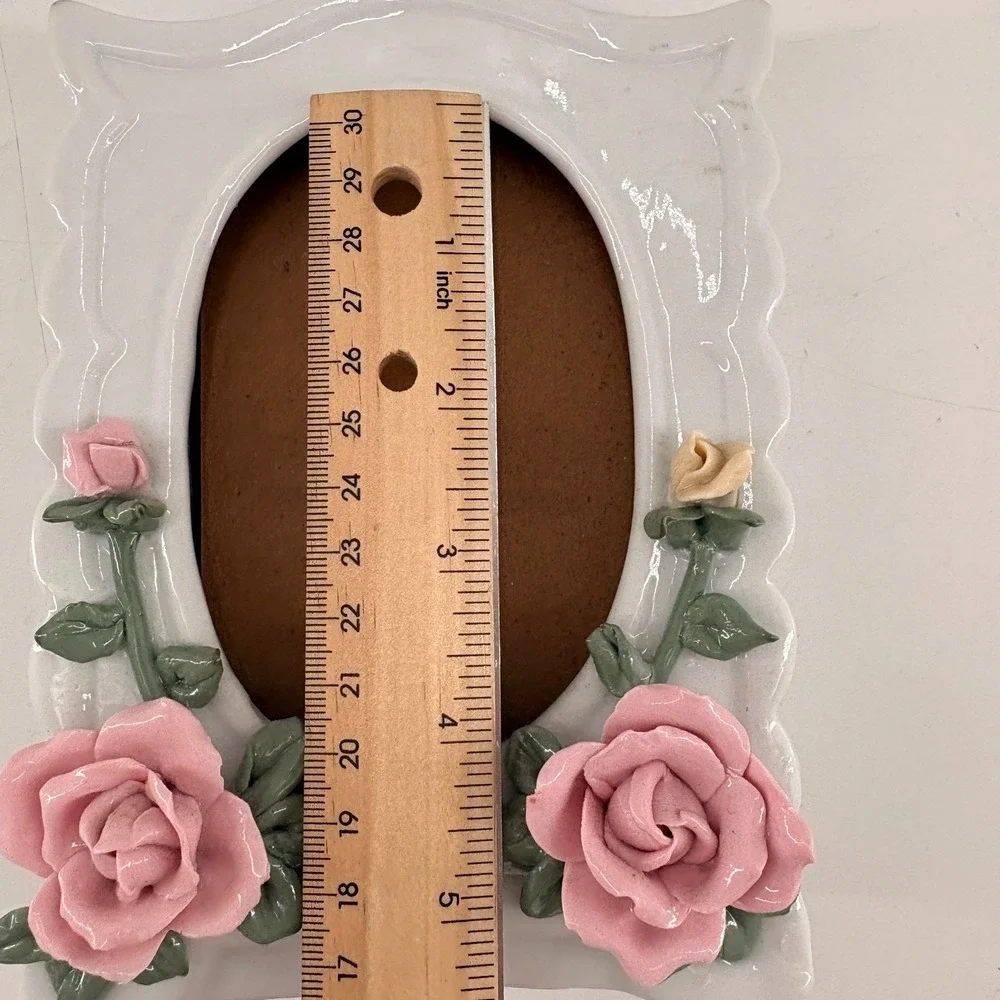 Vintage White Ceramic 3x5 or 4x6 Photo Frame with Pink Roses - Cottagecore